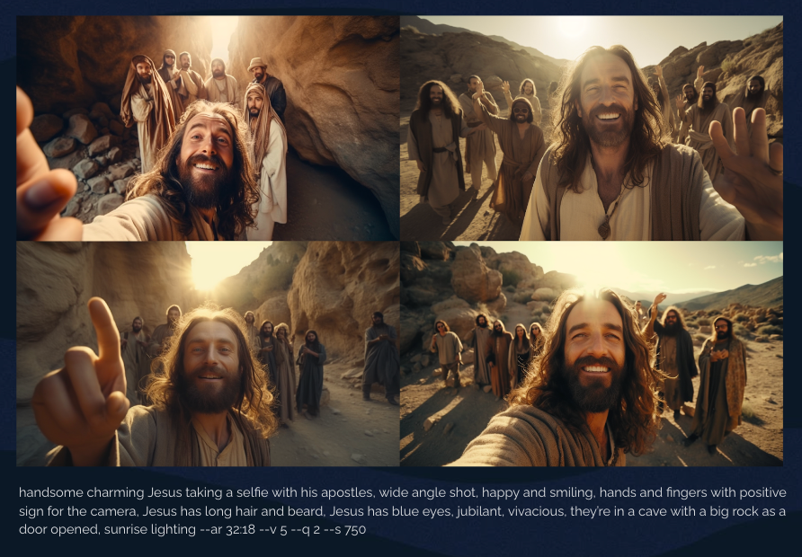 Handsome charming Jesus taking a selfie with his apostles