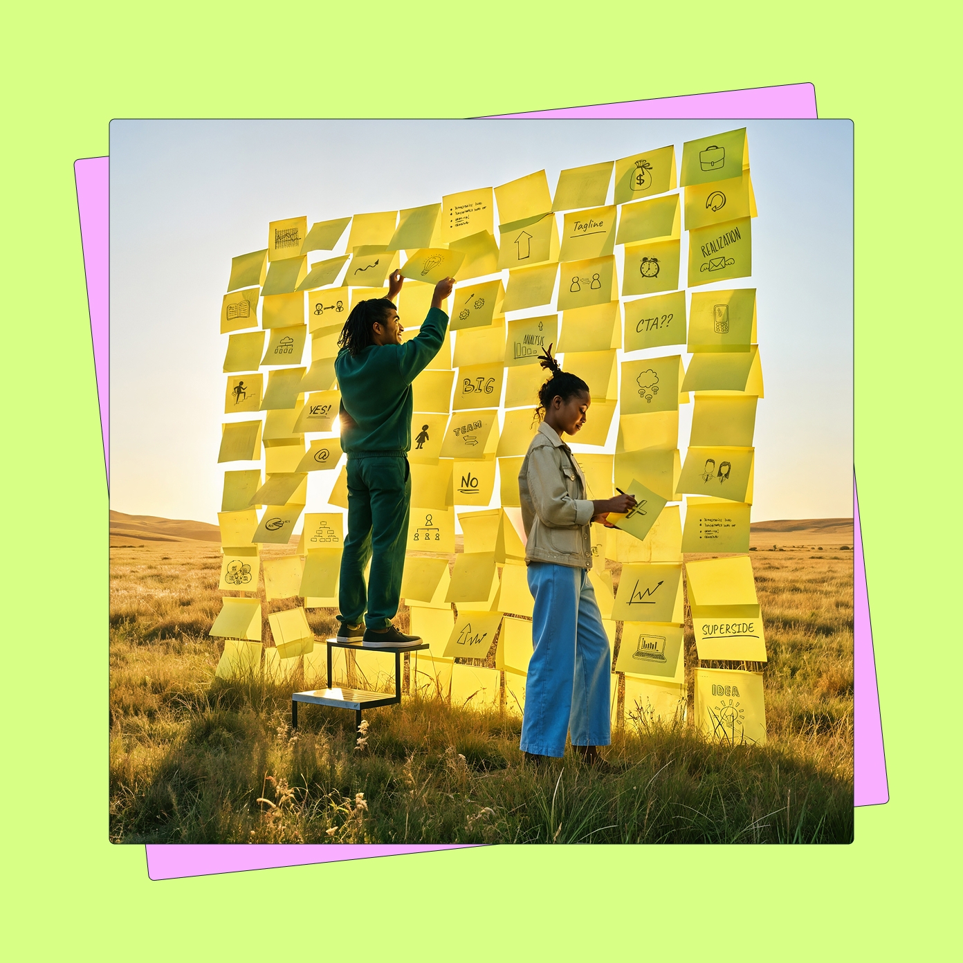 Two people writing on giant sticky notes in the sky