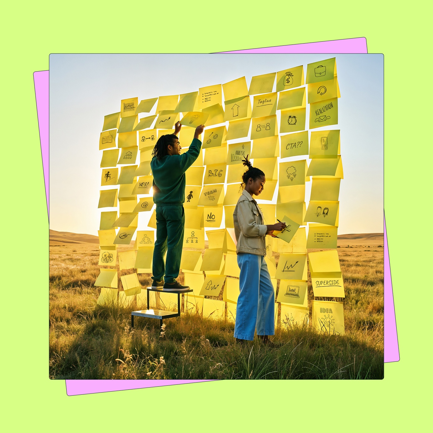 Two people writing on giant sticky notes in the sky