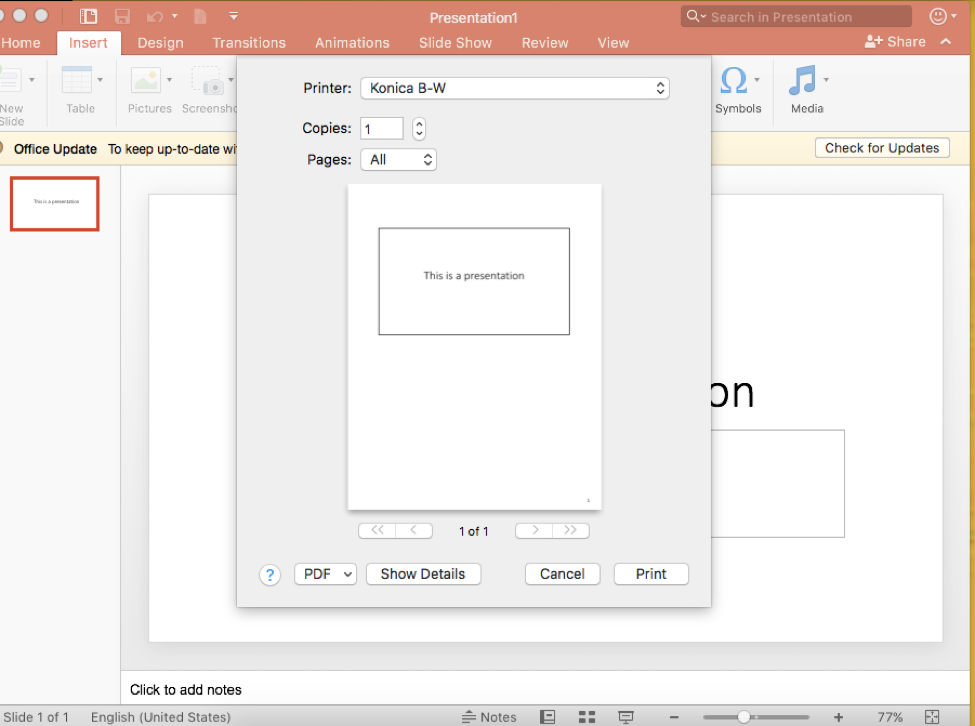 Click File tab, Print, and select Show Details
