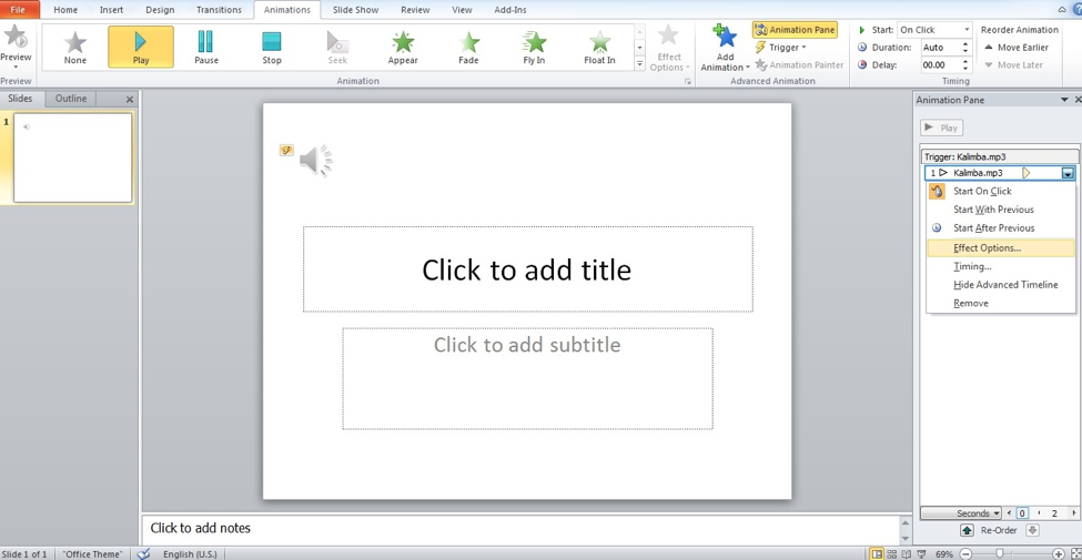 Select Animation Pane and select Effect Options