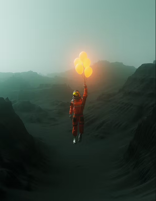 Astronaut hanging from bright balloons