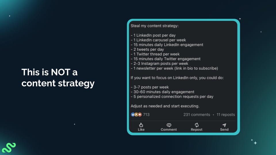 A presentation slide showing a social post that mistakingly calls a list of unqualified activities a strategy. 