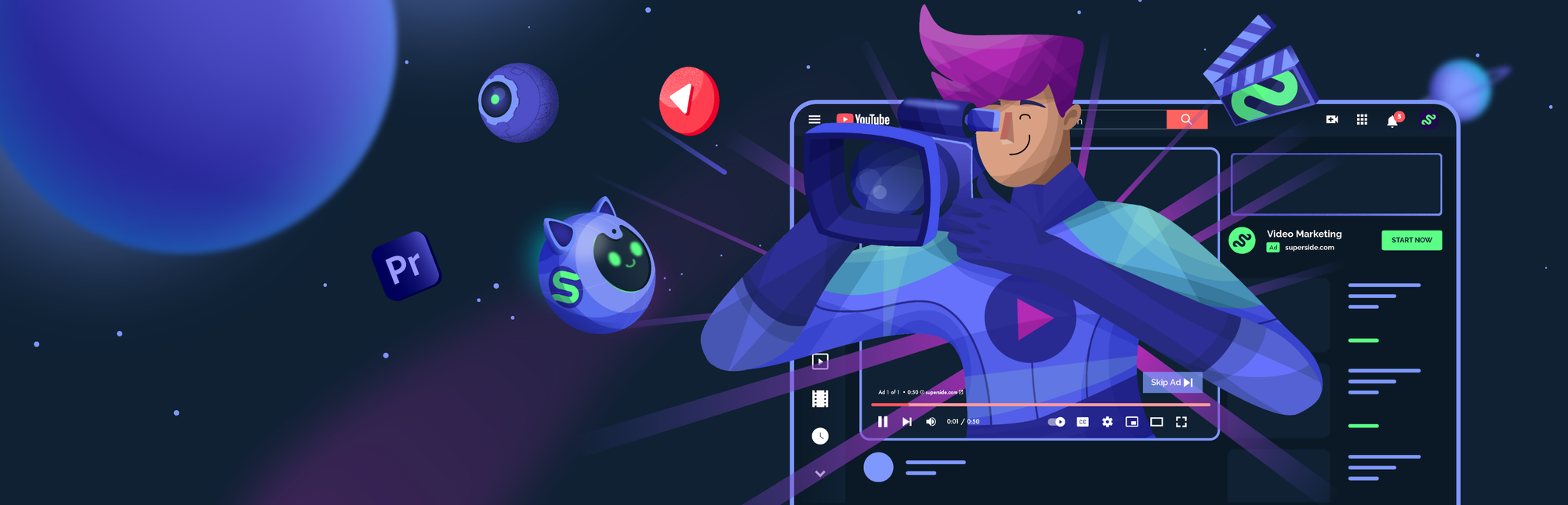 Character coming out of a YouTube video screen in space