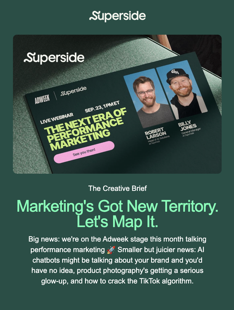 Superside's Creative Brief newsletter showing its fixed module layout and short contents list