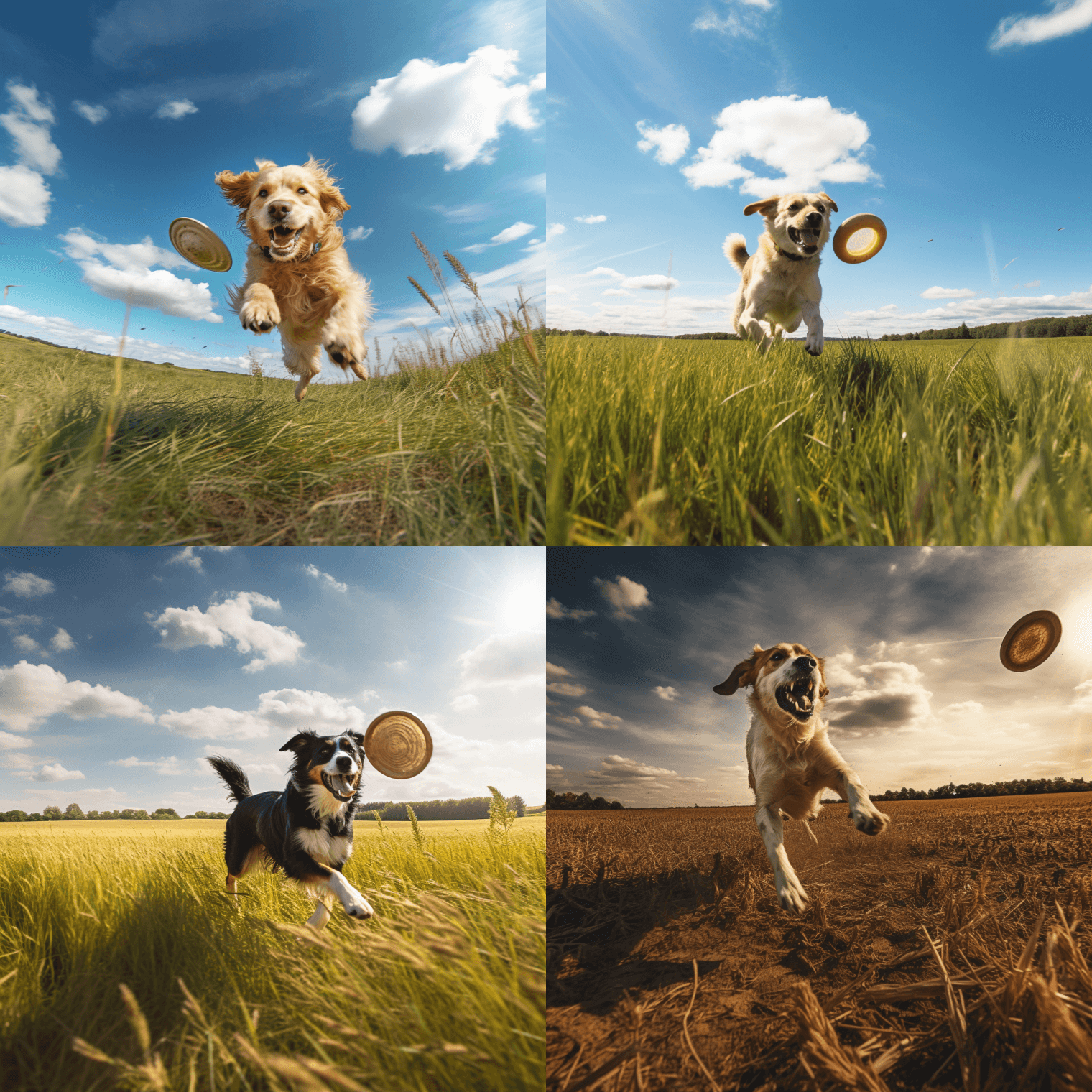 A dog chasing a frisbee while running in a field