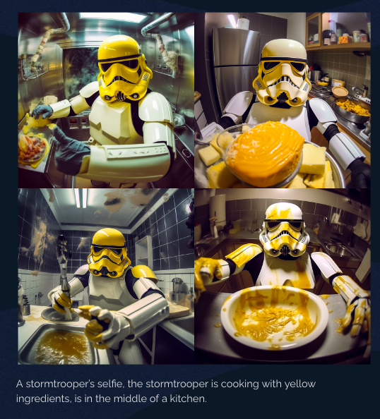 A stormtrooper’s selfie, the stormtrooper is cooking with yellow ingredients, is in the middle of a kitchen