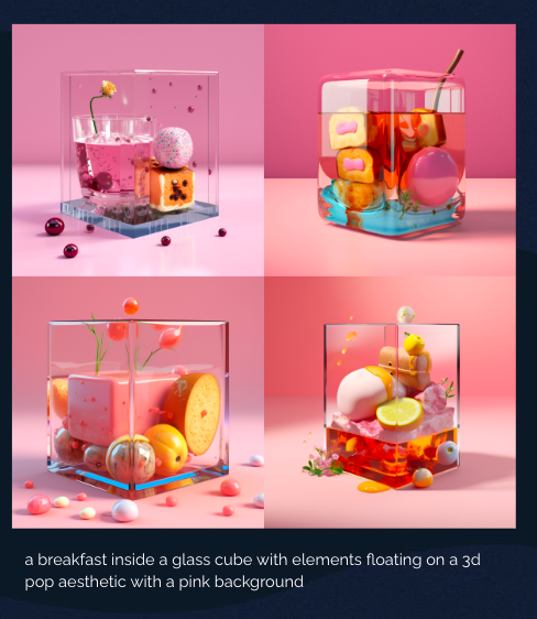 a breakfast inside a glass cube with elements floating on a 3d pop aesthetic with a pink background