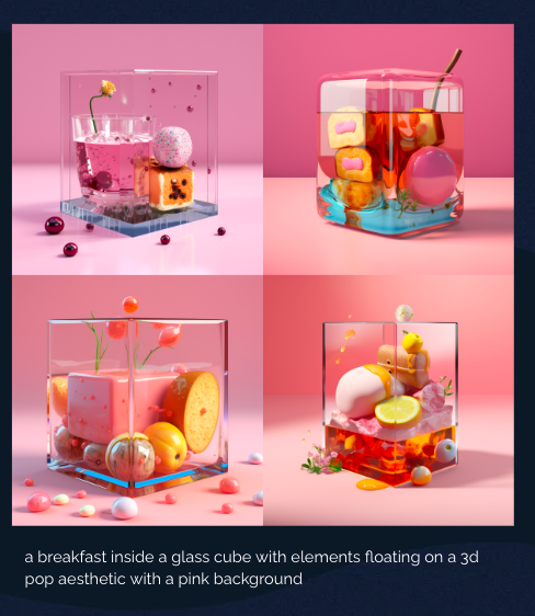 A breakfast inside a glass cube with elements floating on a 3d pop aesthetic with a pink background