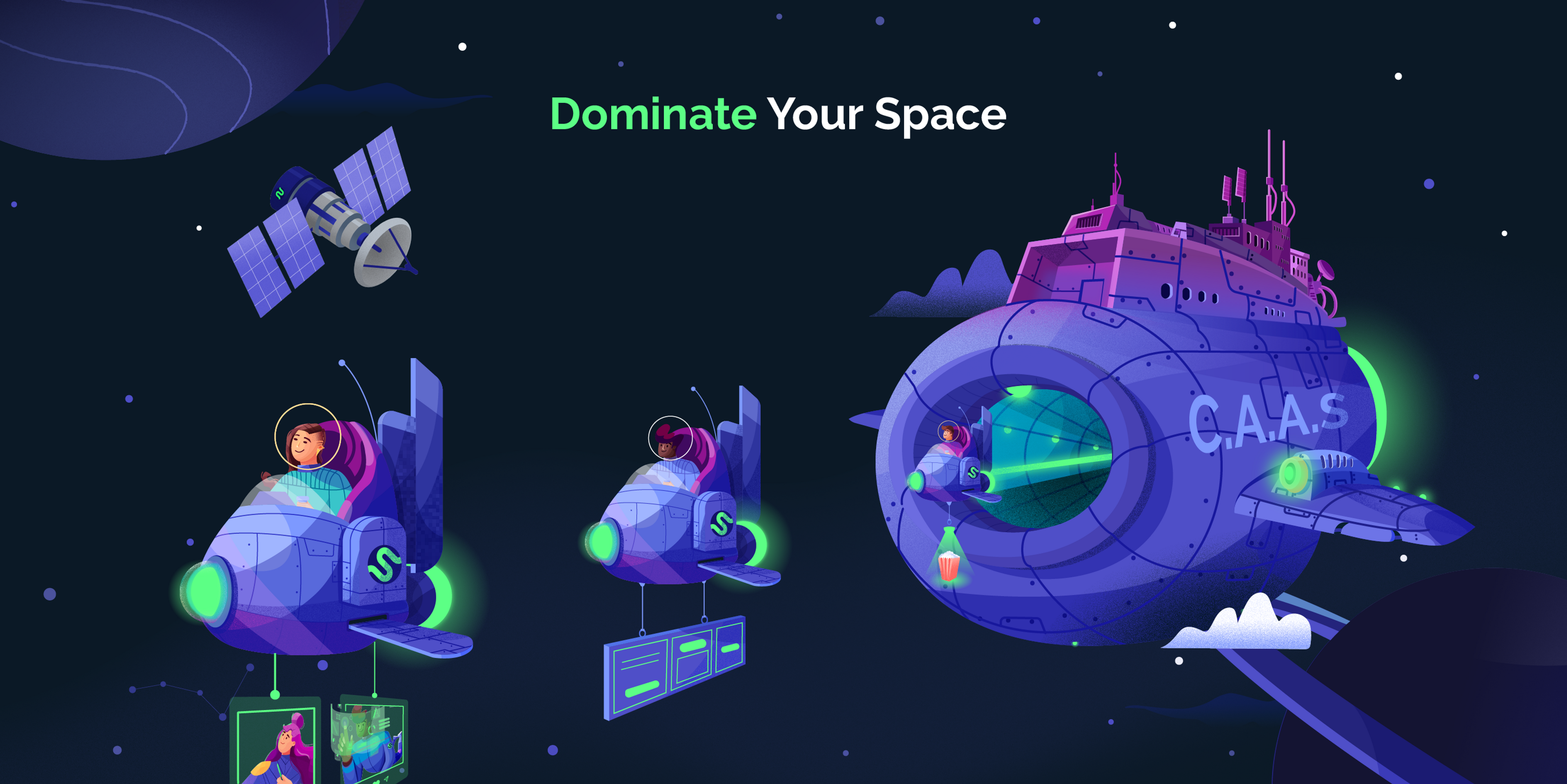 An image that shows CaaS as a space station that lets you dominate your marketing space by scaling your creative. 