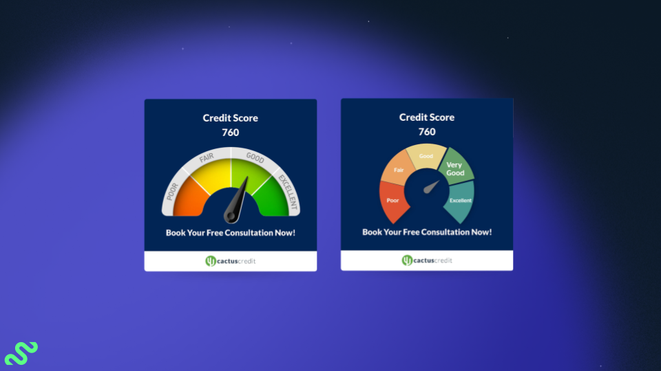 A side-by-side comparison of credit score infographic that looks like a meter ranging from high to low. Version A is bolder and brighter. Version B is more muted and subtle. 