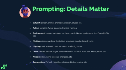 A presentation slide that shows what a Midjourney prompt should include: Subject, action, environment, etc. 