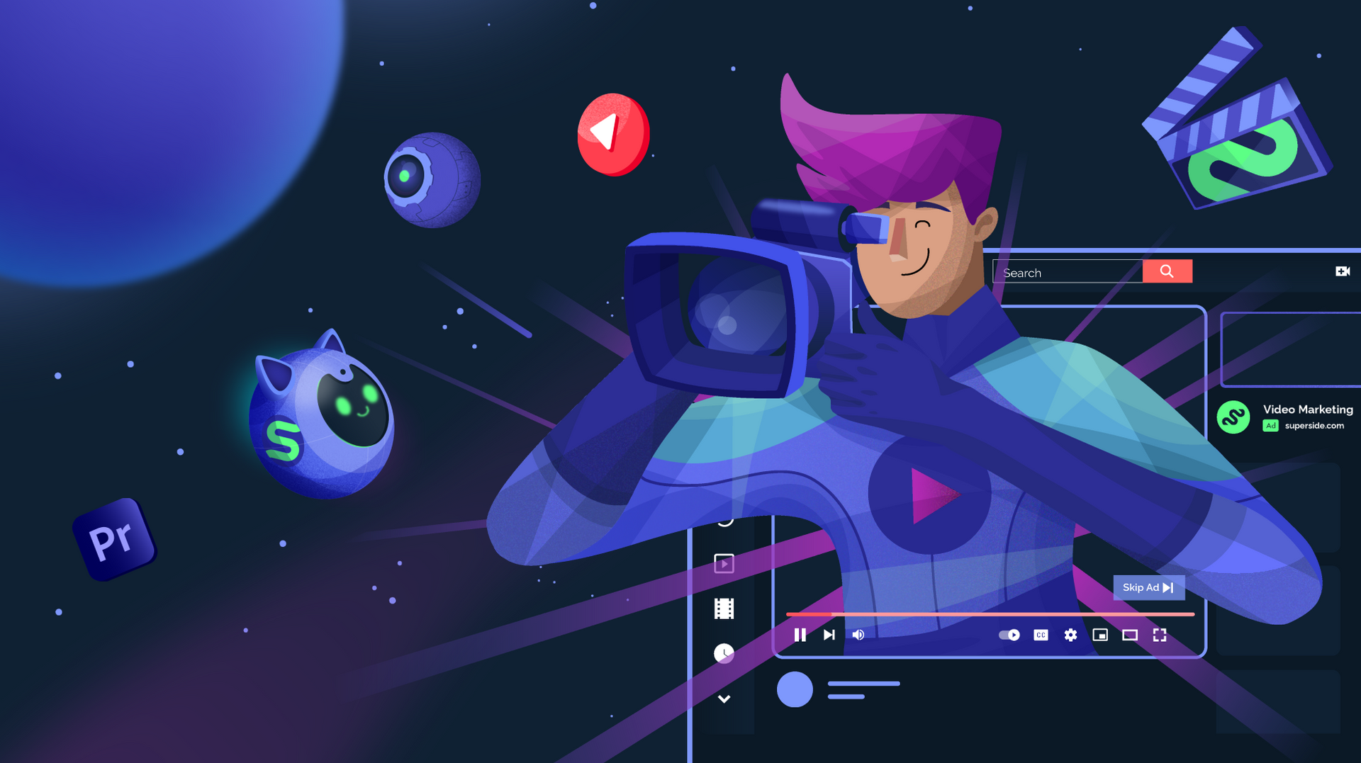 Character coming out of a YouTube video screen in space
