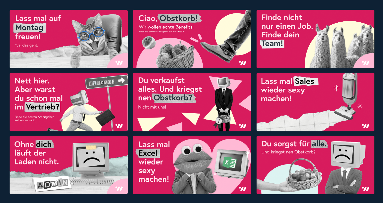 A range of Workwise digital banners in German.