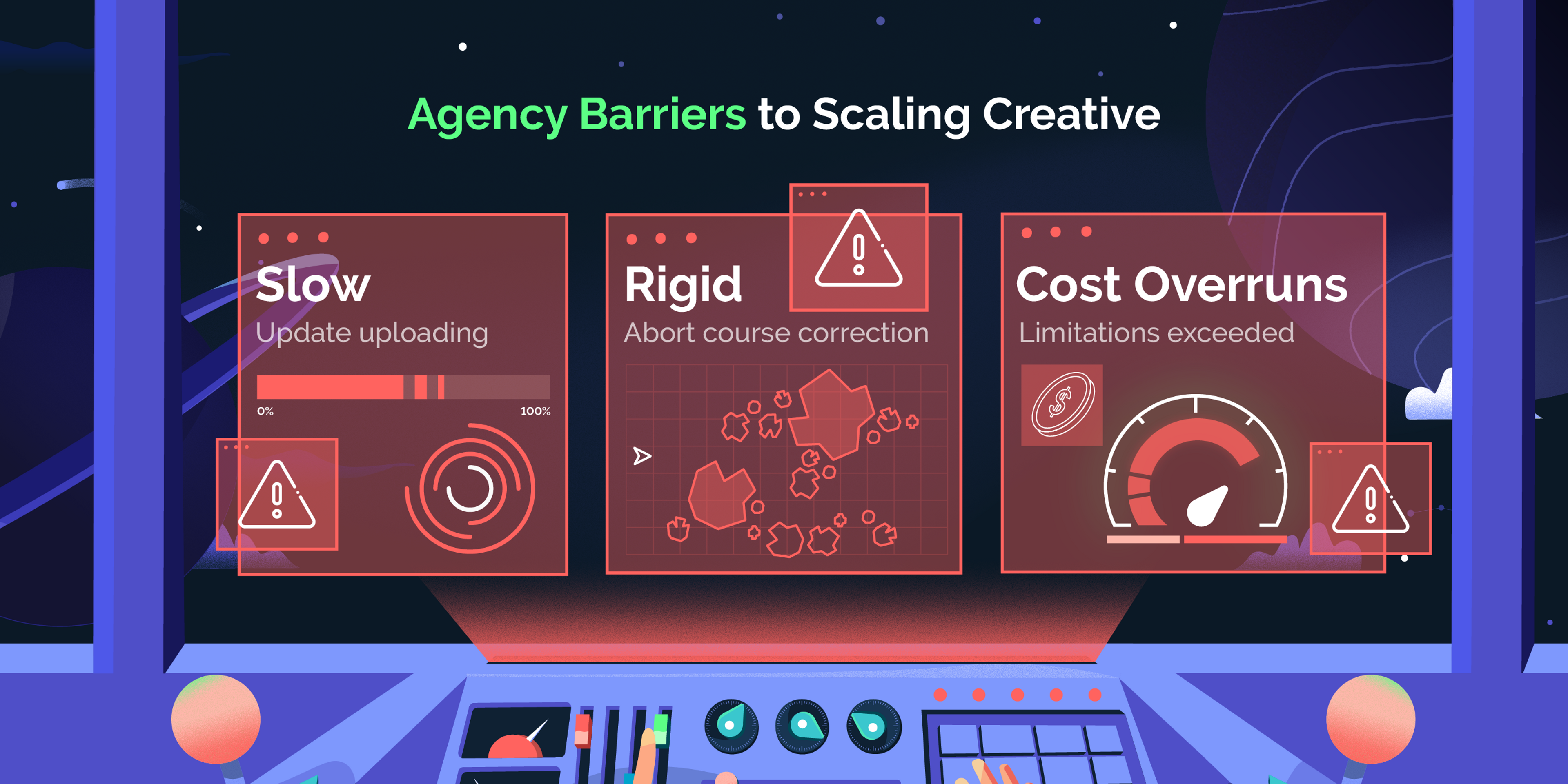 An infographic that shows 3 main reasons why creative agencies are barriers to scaling graphic design. They're slow, rigid and they have inflexible pricing models. 