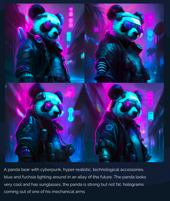 A panda bear with cyberpunk, hyper-realistic, technological accessories, blue and fuchsia lighting around in an alley of the future