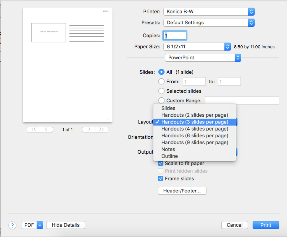 In the Layout menu, select Handouts