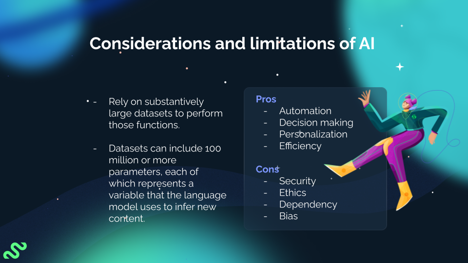 An image from Tatevik Maytesyan's Gather & Grow presentation, outlining the considerations and limitations of AI tools in marketing.
