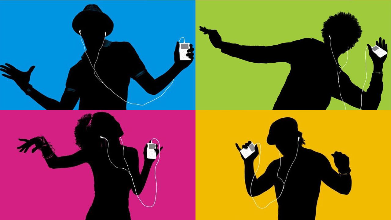 Silhouettes with iPods on colorful background