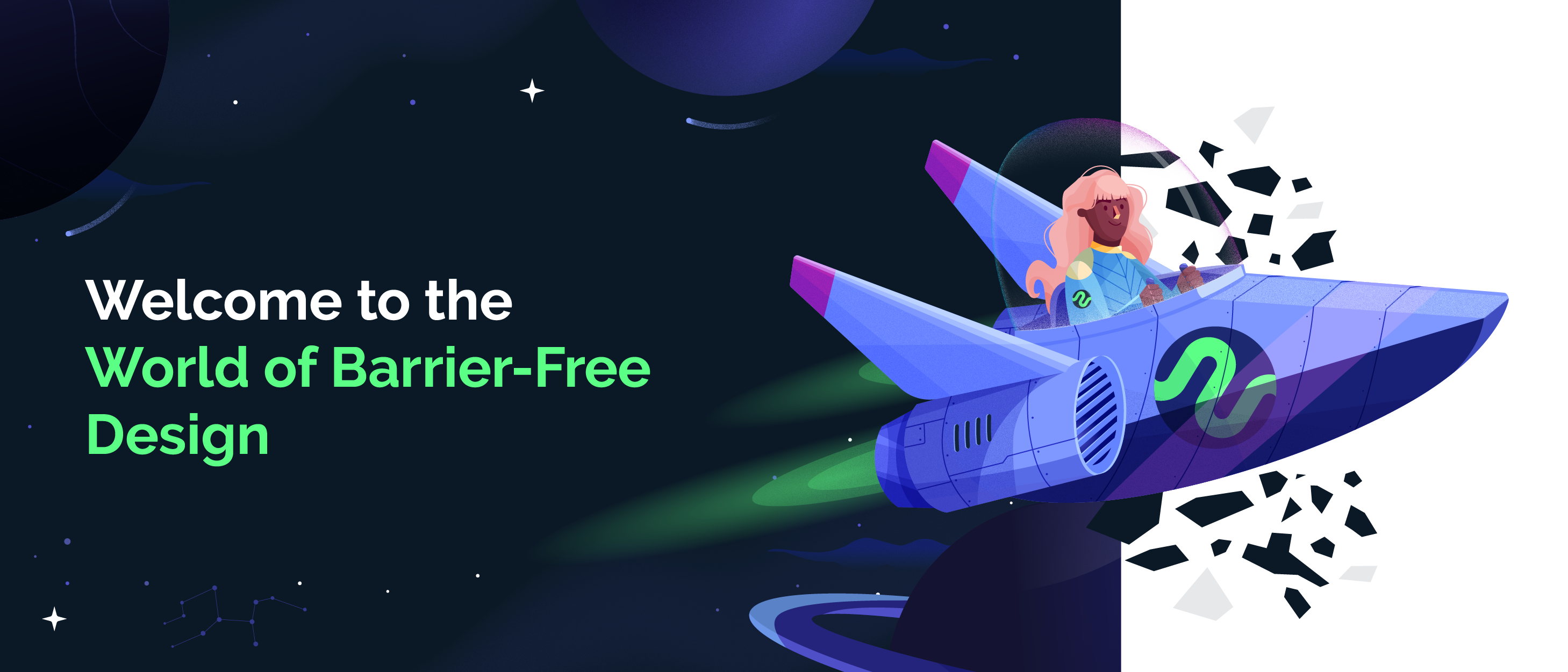 A rocket ship illustration, representing Creative-as-a-Service (CaaS), breaking through barriers. 