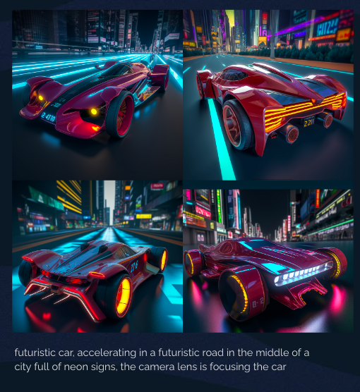 futuristic car, accelerating in a futuristic road in the middle of a city full of neon signs