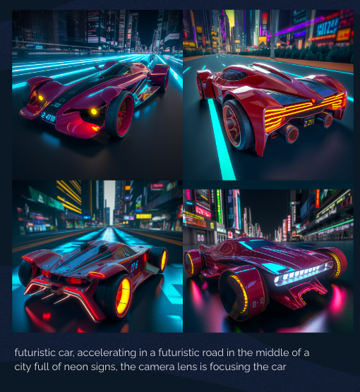 Futuristic car, accelerating in a futuristic road in the middle of a city full of neon signs