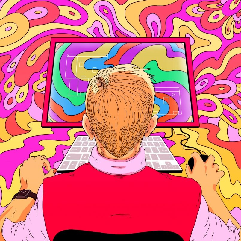 Person behind PC with purple and yellow background