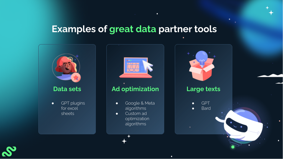 An image from Tatevik Maytesyan's Gather & Grow presentation, sharing examples of AI data tools used by marketers.