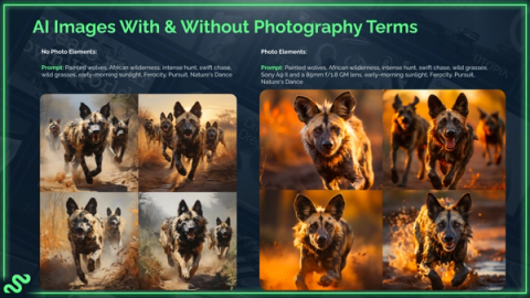 A presentation slide showing the difference between two photographs. The one on the left has very general prompts with no photography terms. The image is less vibrant. The one on the right, using photographic terms, has greater impact. 