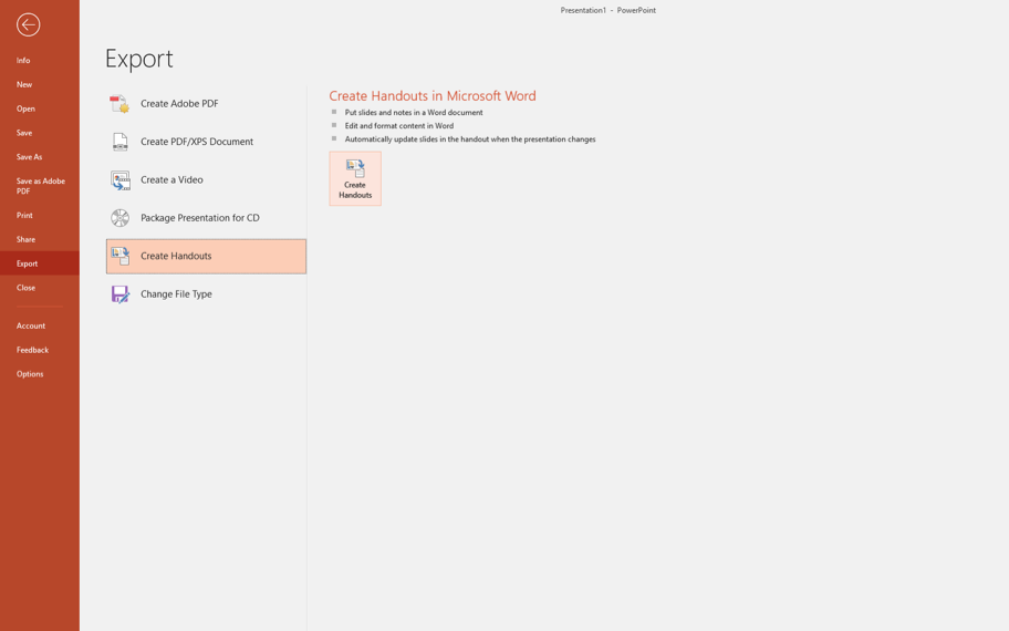 Select File Tab, click Export and select Create Handout