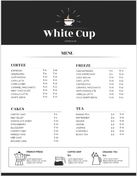 coffee menu