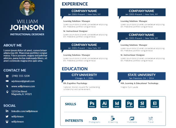 This cool visual CV template is also available to download and edit in a simple PowerPoint format. We love how versatile it is and how it can be used for a variety of profiles.