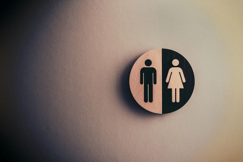 Un panneau circulaire en bois divisé en deux moitiés, avec des silhouettes simplifiées d’un homme à gauche et d’une femme à droite, symbolisant des toilettes unisexes ou la représentation des genres