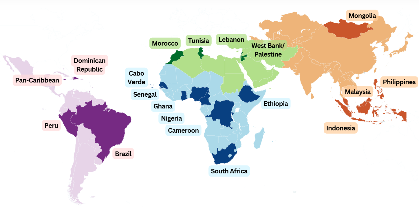 Map of AI4PEP projects showing subgranted projects in Latin America, Africa, Asia
