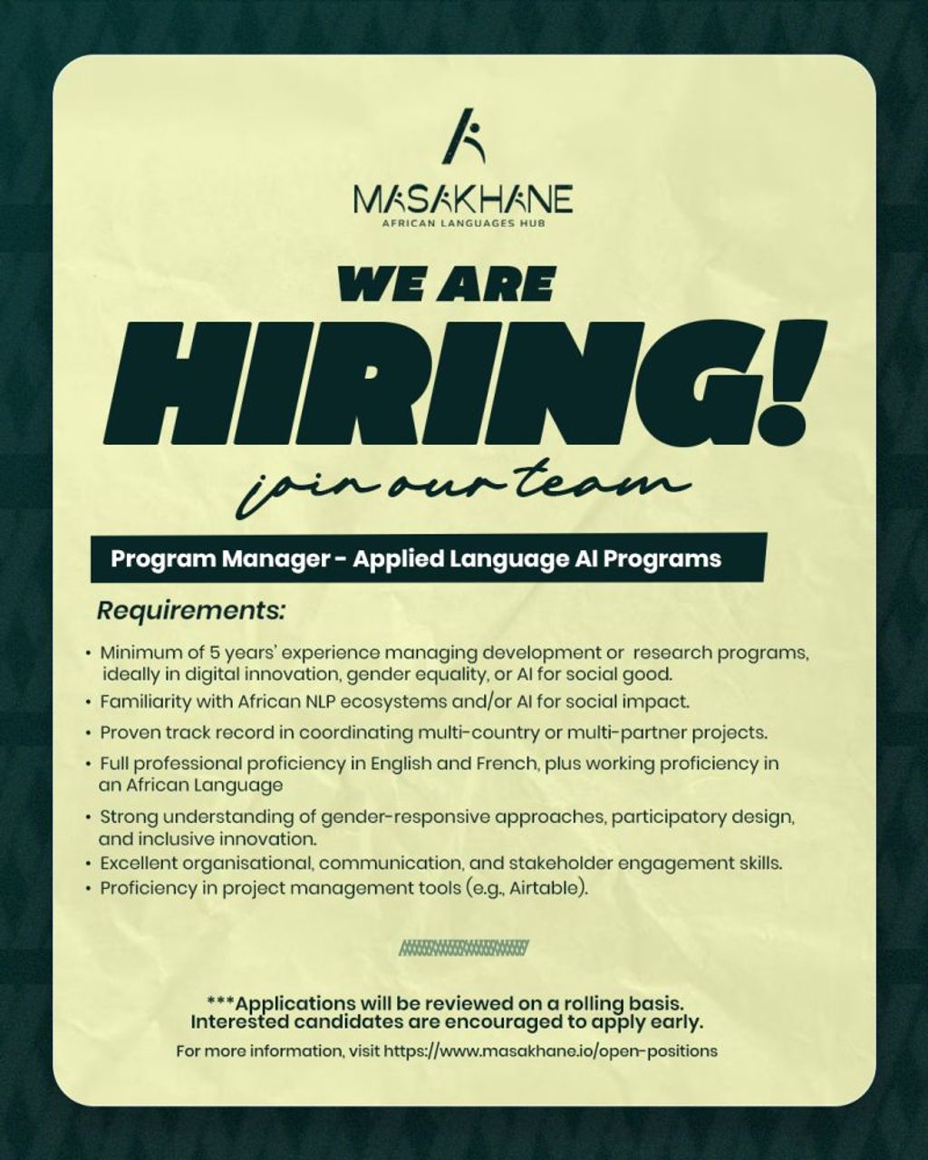 Join Masakhane African Languages Hub as Program Manager  for Applied Language AI Programs