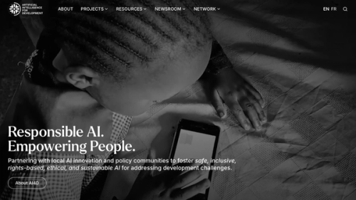 A screenshot of the new AI4D website featuring a black and white image of a child using a phone