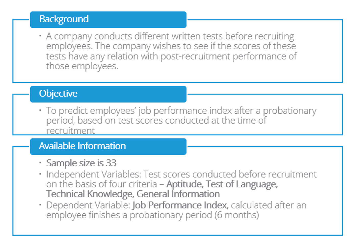 Case study summary: a company wants to predict employees' job performance index after a probationary period from the scores of four recruitment tests (aptitude, test of language, technical knowledge and general information), using a sample of 33 employees.