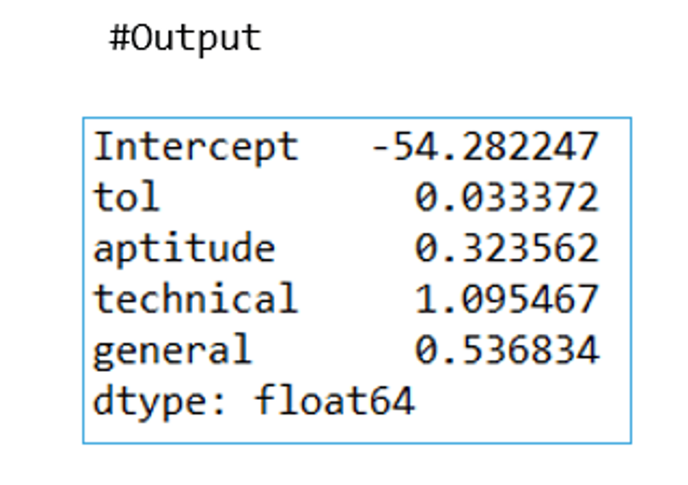 Python output of jpimodel.params: intercept −54.282247, tol 0.033372, aptitude 0.323562, technical 1.095467 and general 0.536834.