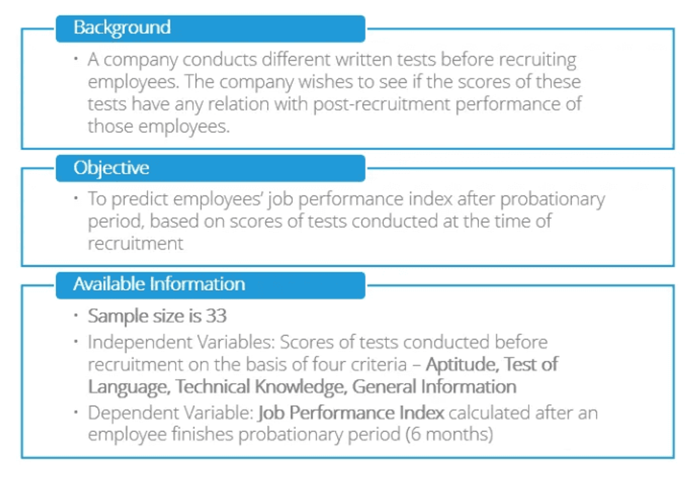 Case study summary: a company wants to predict employees' job performance index after probation from the scores of four recruitment tests (aptitude, test of language, technical knowledge and general information), using a sample of 33 employees.