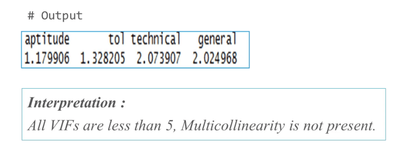 R output of vif(model): aptitude 1.18, tol 1.33, technical 2.07 and general 2.02. All are below 5, so multicollinearity is not present.