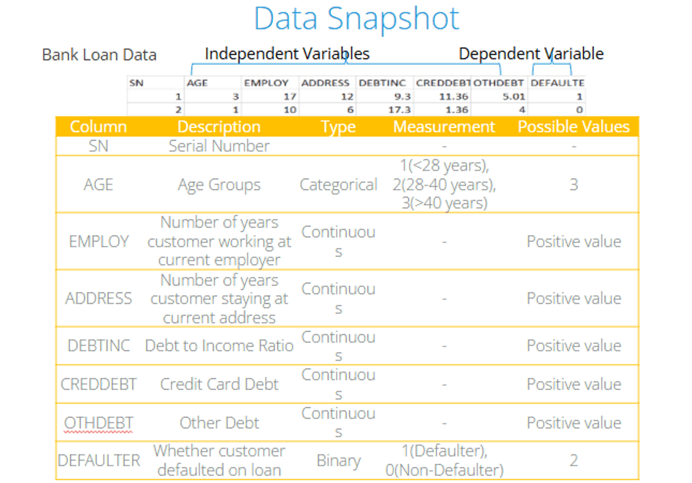 Data snapshot of the bank loan data: the first two rows and a table describing each column, including AGE (categorical, three age groups), the continuous EMPLOY, ADDRESS, DEBTINC, CREDDEBT and OTHDEBT, and DEFAULTER (binary: 1 defaulter, 0 non-defaulter).