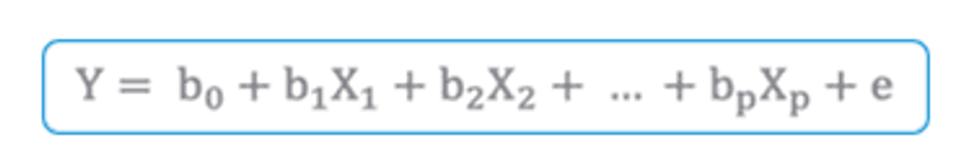 MLR model equation: Y = b0 + b1X1 + b2X2 + … + bpXp + e.