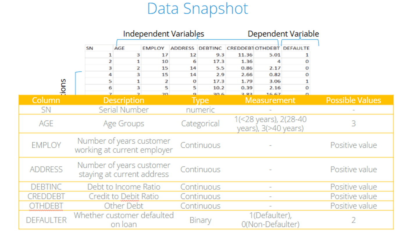 Data snapshot of the bank loan data: the first rows and a table describing each column, including AGE (categorical, three age groups), the continuous EMPLOY, ADDRESS, DEBTINC, CREDDEBT and OTHDEBT, and the binary DEFAULTER (1 defaulter, 0 non-defaulter).