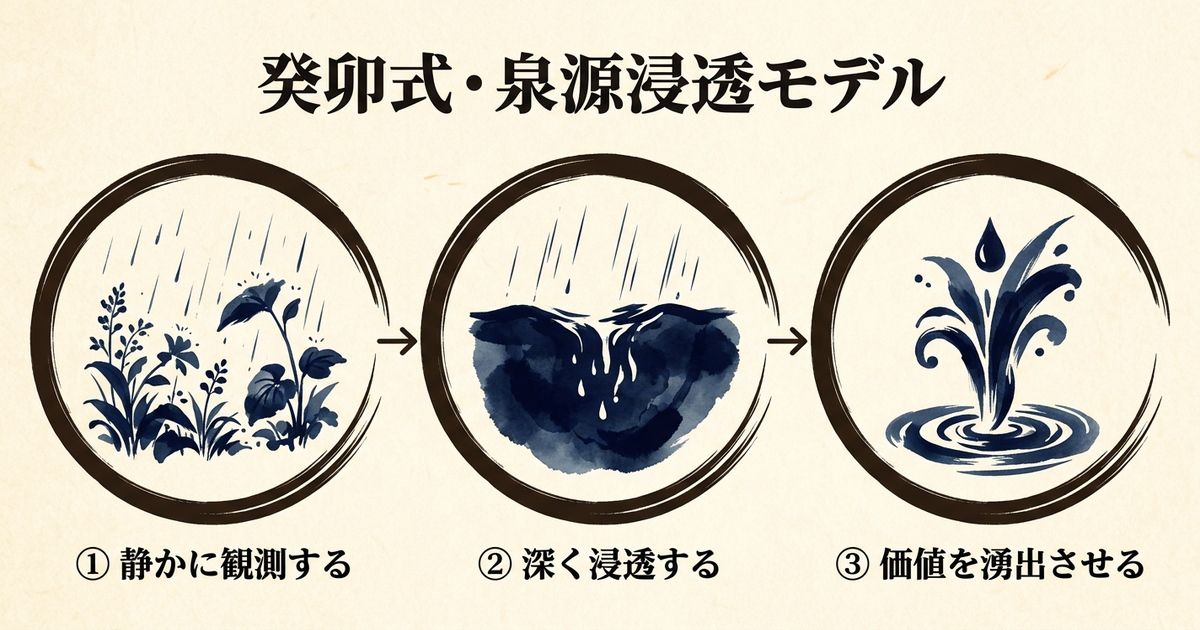泉源浸透モデル：観測→浸透→湧出の3段階