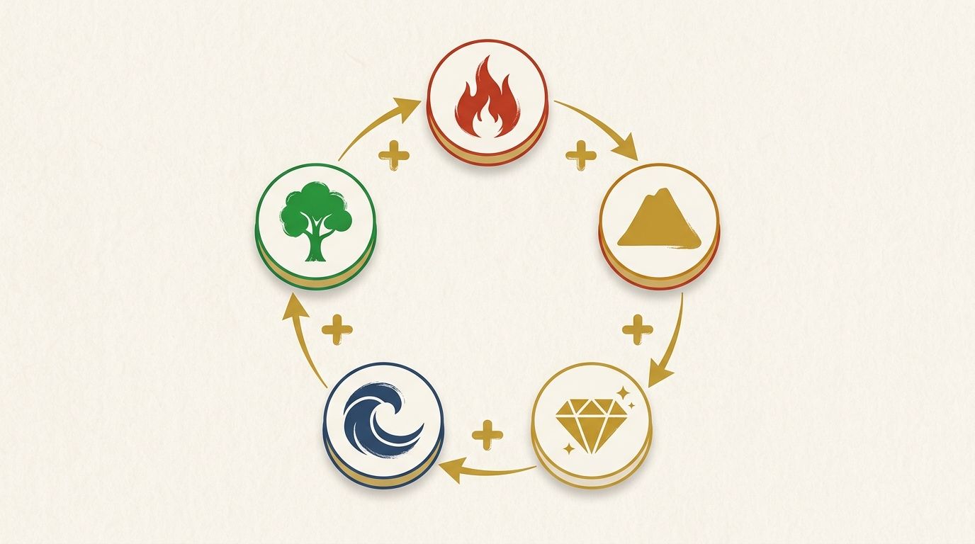 五行の相生サイクル：木→火→土→金→水のスキルスタック