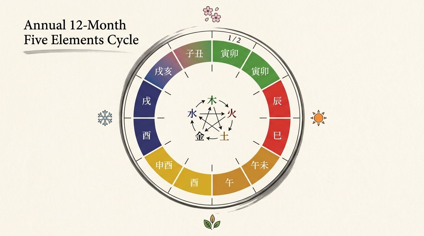 年間12ヶ月×五行サイクル図：月ごとの五行カラーと四季の対応