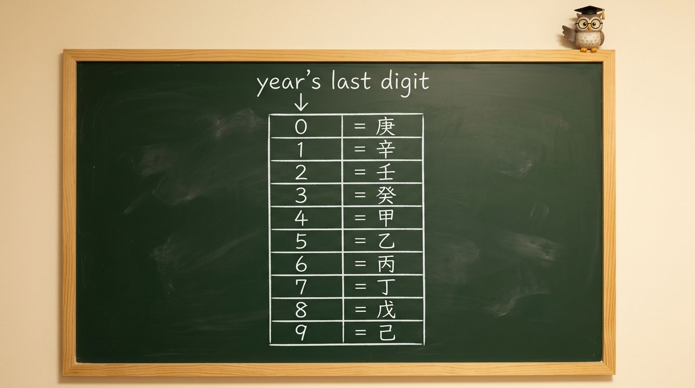 黒板で解説：西暦の下1桁から十干を求める対応表