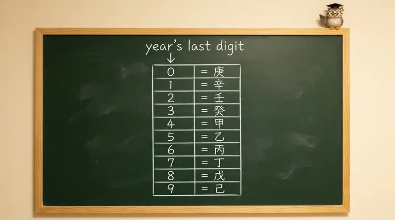 黒板で解説:西暦の下1桁から十干を求める対応表
