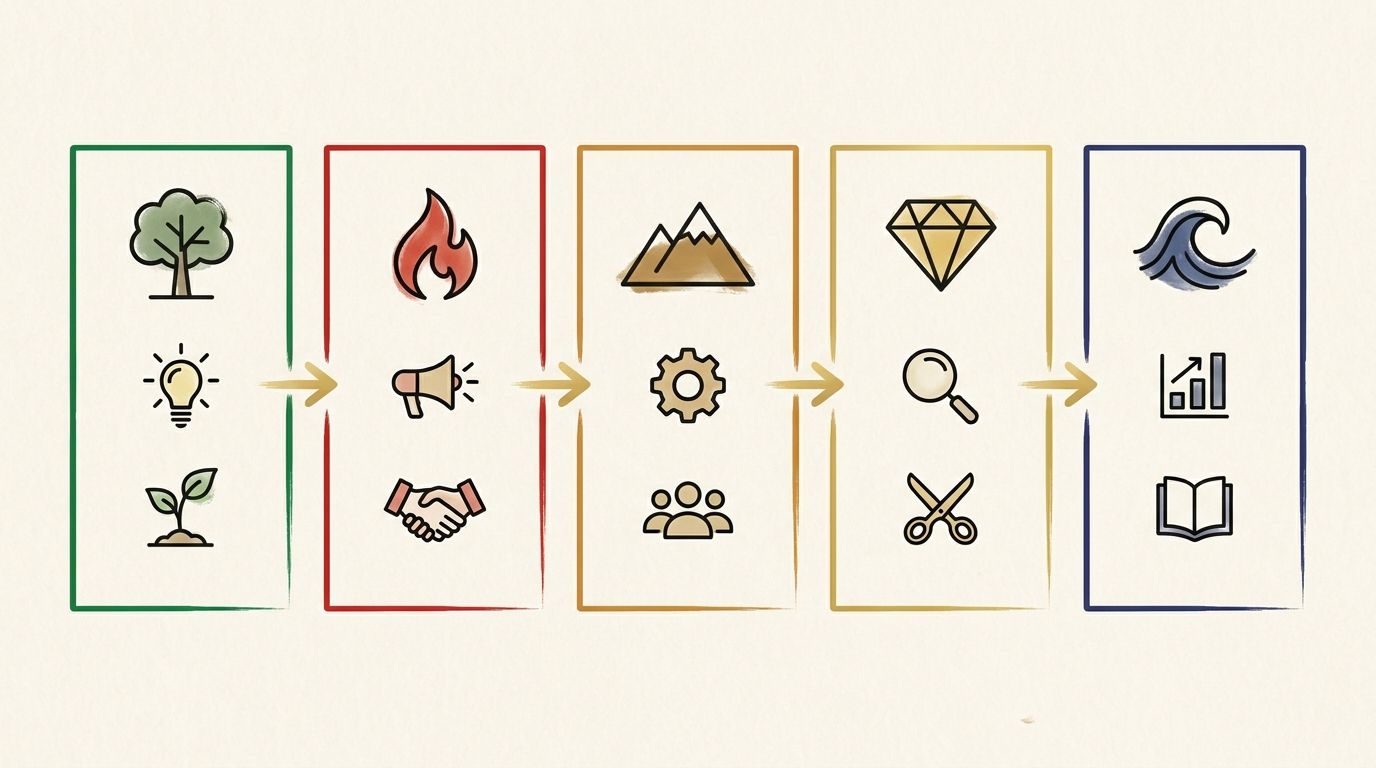 五行×月間行動指針：木（企画）→火（営業）→土（管理）→金（品質）→水（戦略）