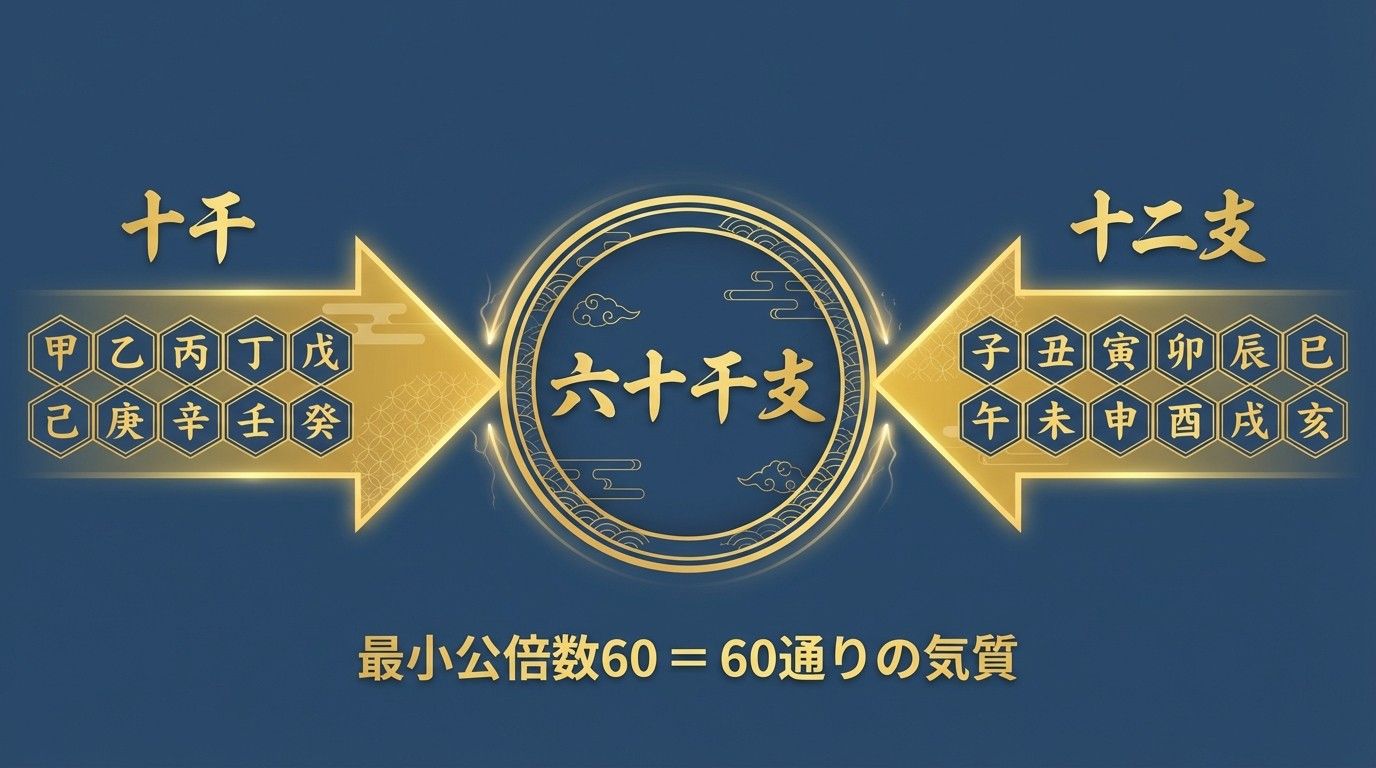 六十干支による自己分析の構造図。中央に「あなた」という円。左から「十干（内なる価値観・精神）」、右から「十二支（外面的な行動特性・能力）」という矢印が向かう。薄い藍色の背景。